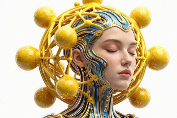 A futuristic digital art piece featuring a serene woman integrated with yellow and blue technological elements.