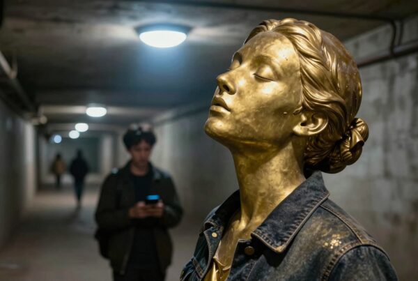Bronze statue of woman in denim jacket in urban tunnel setting.