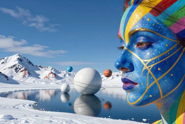 A woman with vibrant face paint, surrounded by snowy mountains and floating planets, creating a surreal fantasy scene.