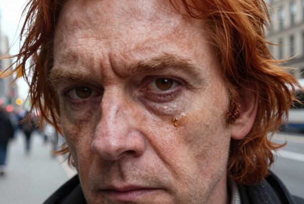 Close-up of a red-haired man on a city street with a thoughtful expression, against a bustling urban background.