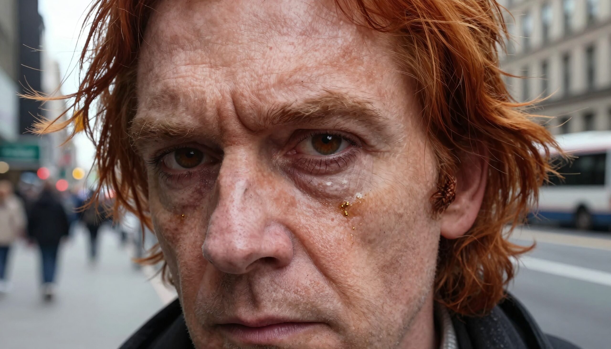 Reflective redhead on city street