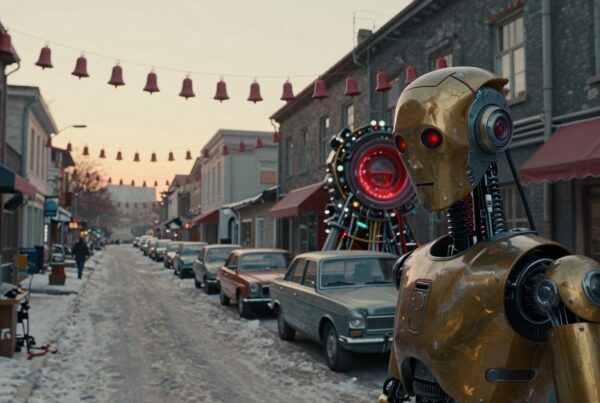 A futuristic robot stands in a snow-covered vintage street lined with cars, red bells above, and a sci-fi machine nearby.