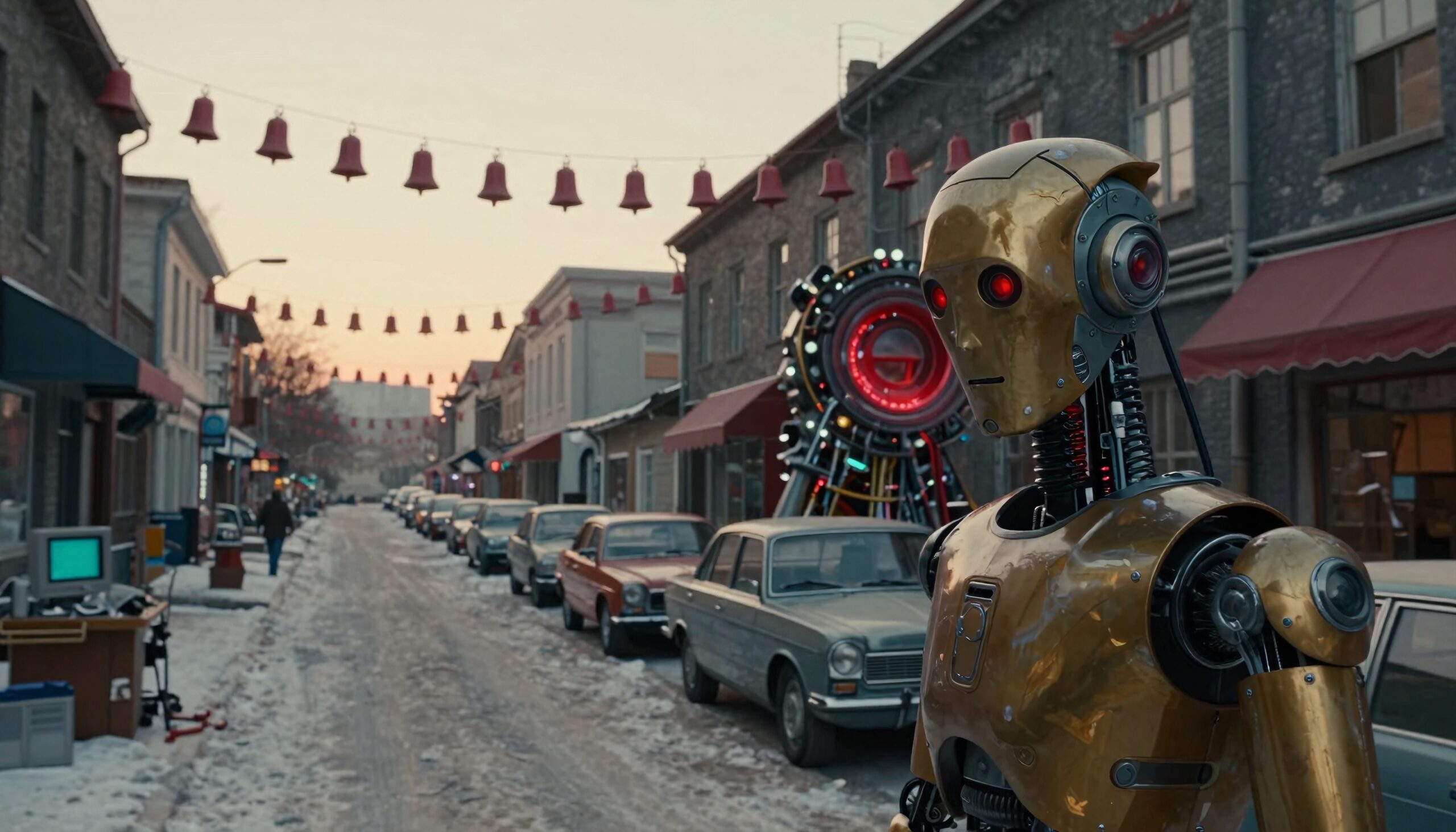 Futuristic Robot in Vintage Town