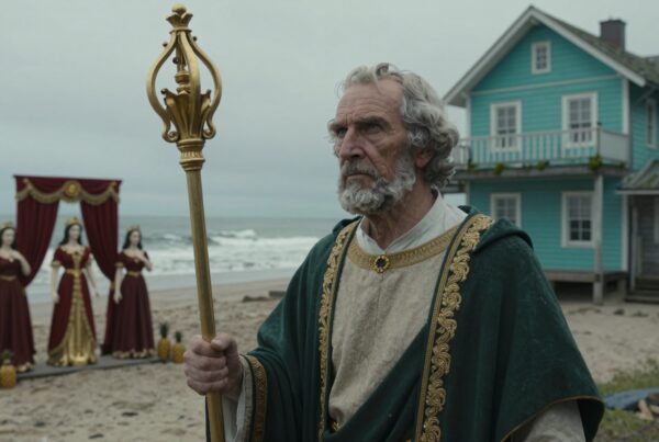 A bearded man in ceremonial attire with a staff on a beach, mannequins in gowns, and a turquoise house.