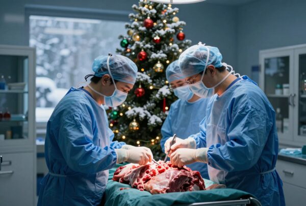 Surgeons operate with Christmas tree nearby.
