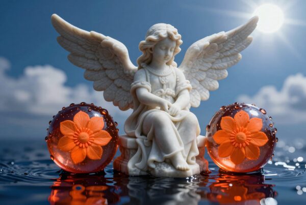 A white angel statue sits between glass spheres on reflective water.
