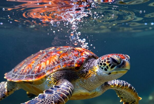 A colorful sea turtle swimming underwater with sunlight illuminating its patterned shell and bubbles rising.