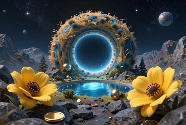 Vibrant flowers and cosmic portal in a sci-fi landscape.