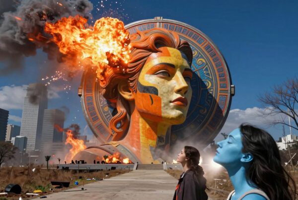 Massive sculpture and explosion in city setting.