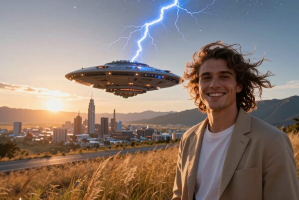 A person smiling in a field with a UFO and lightning over a city at sunset.