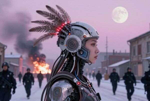 Futuristic humanoid robot in snowy urban landscape with moon.