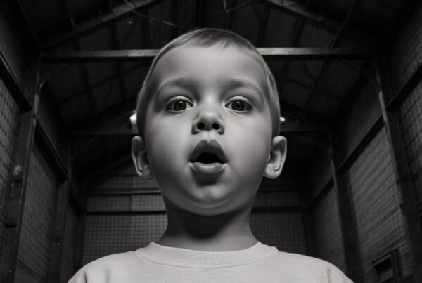 A young boy looks upward in a black and white indoor portrait, with wide eyes and a curious expression, set in a building with high ceilings.