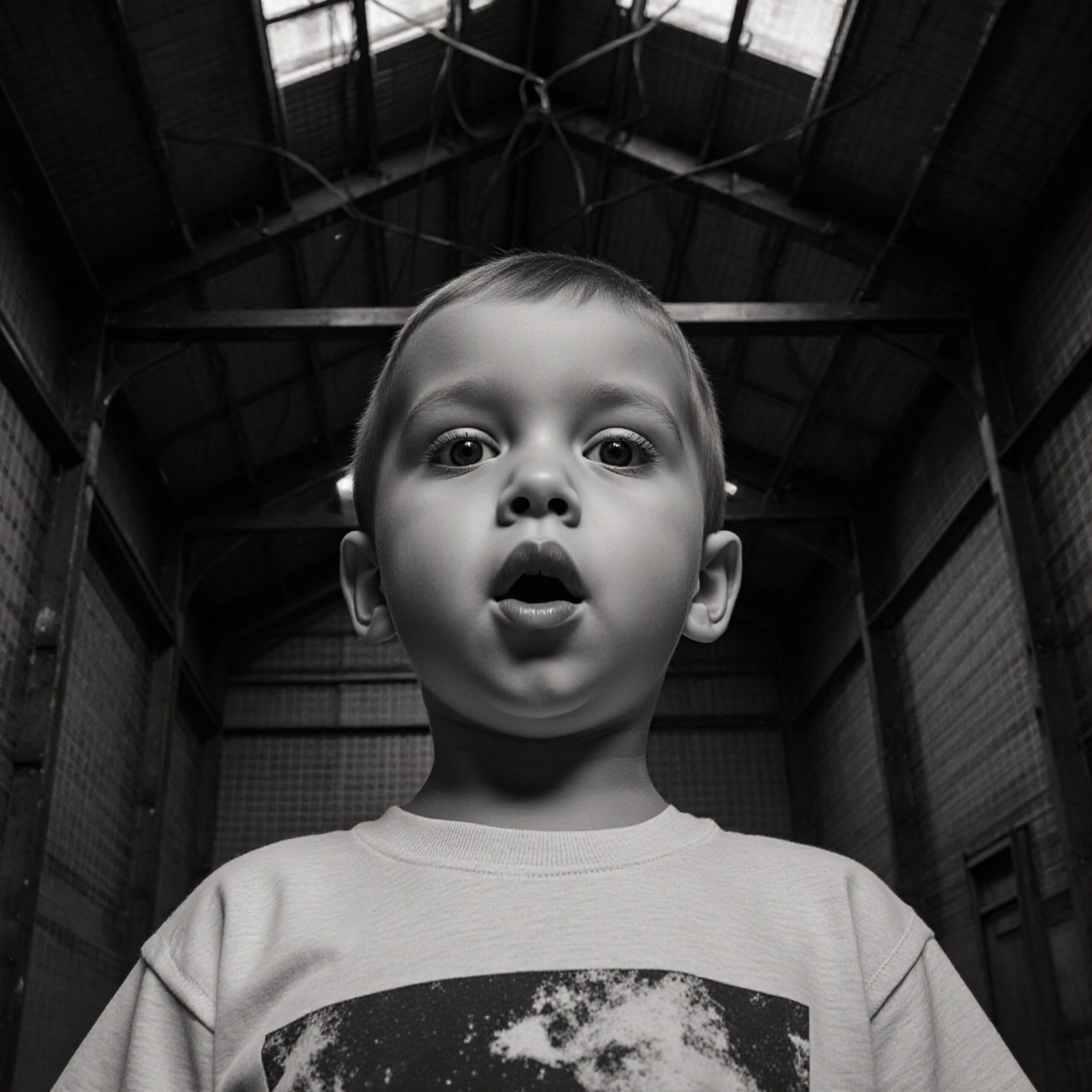 Curious Child Inside Large Barn