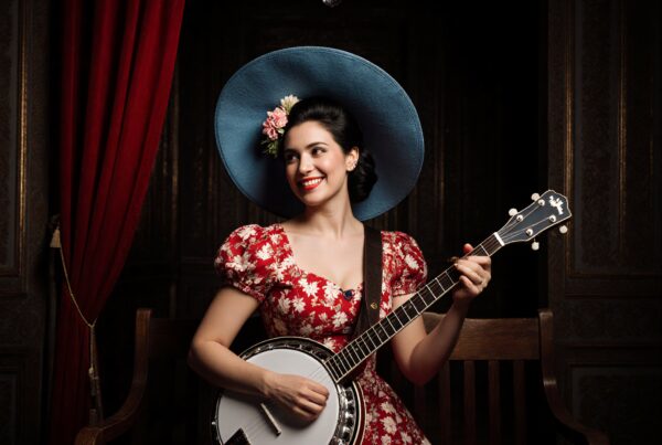 Woman playing banjo in vintage floral dress.