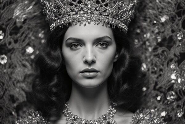 Regal woman in intricate jeweled crown portrait.