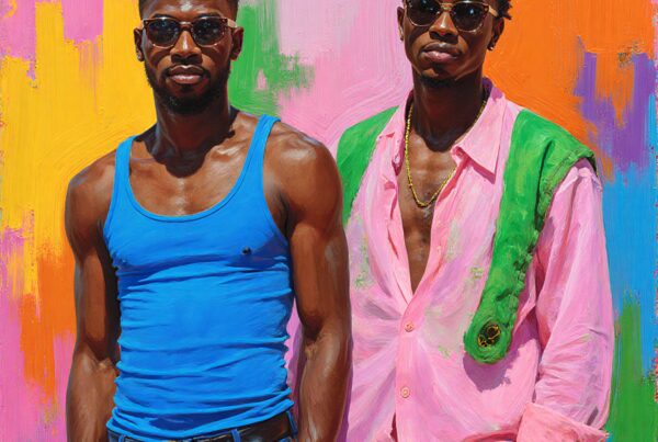 Two stylish men against colorful background.