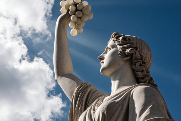 A stone statue of a woman holding grapes against a blue sky with clouds, symbolizing abundance and grace.