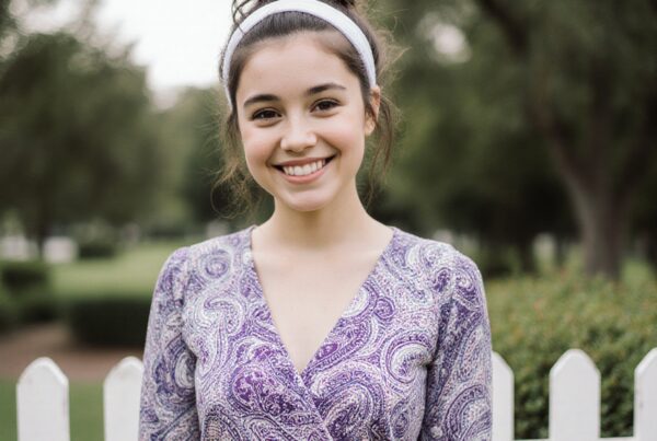 Young woman smiling outdoors in a paisley dress.
