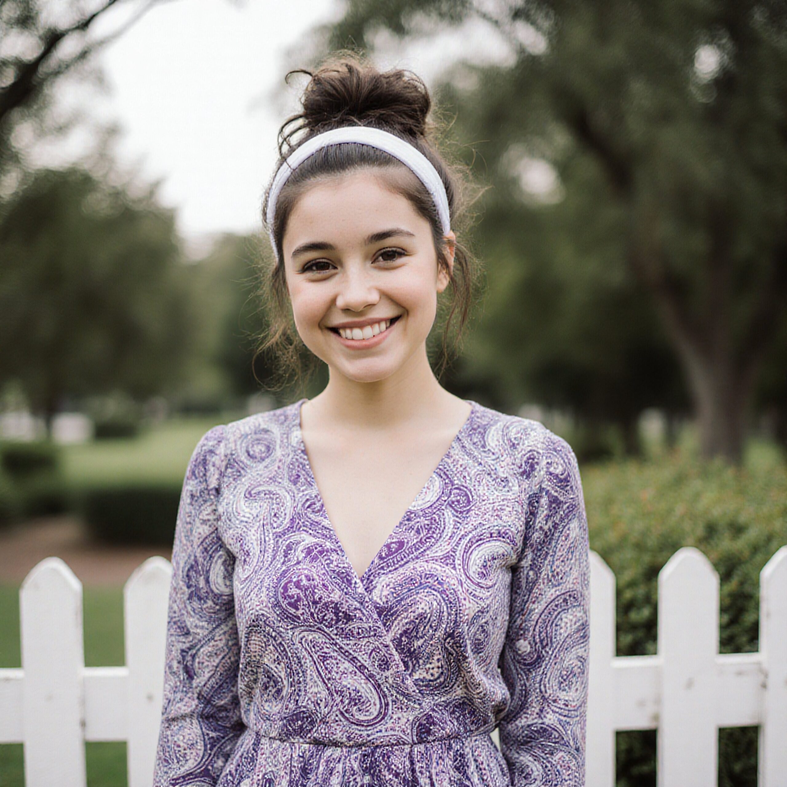 Smiling Woman by White Fence