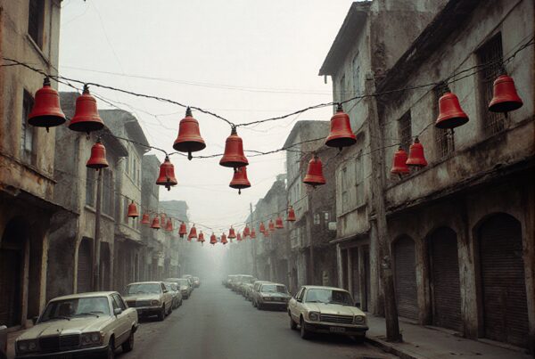 Deserted street with red bells overhead.