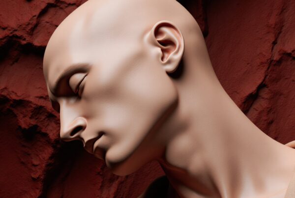 Abstract sculpture of a bald figure with closed eyes set against a textured, reddish-brown background.