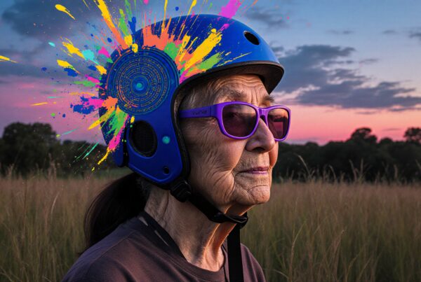 Elderly woman in helmet with colorful paint splatter at sunset.
