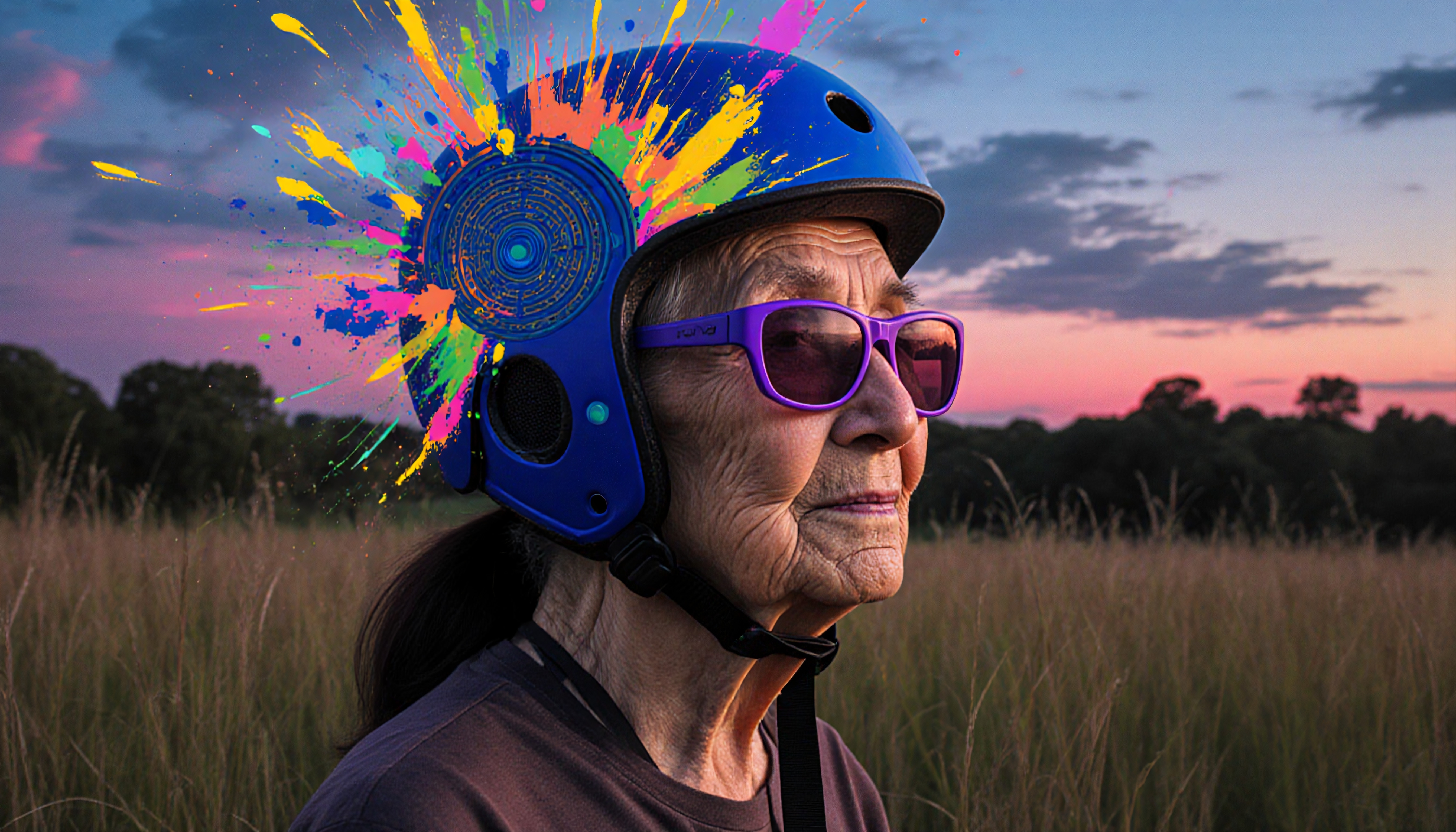 Elderly Woman with Vibrant Helmet