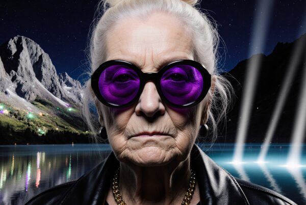 Elderly woman wearing purple sunglasses at night with mountains and bright lights in background.