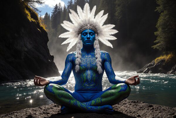 A person meditates by a forest river with blue body paint and feather headdress.