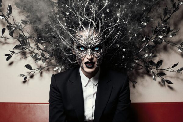 A person with a metallic mask and branch headpiece seated dramatically.