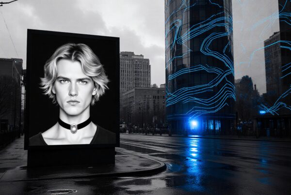 A futuristic cityscape featuring a prominent black and white portrait on a billboard amidst glowing buildings and wet streets.