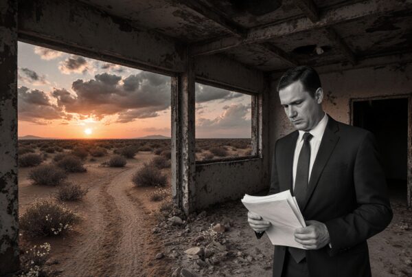 A man in a suit stands thoughtfully in an abandoned building, holding papers as the sunset illuminates a desert landscape outside.
