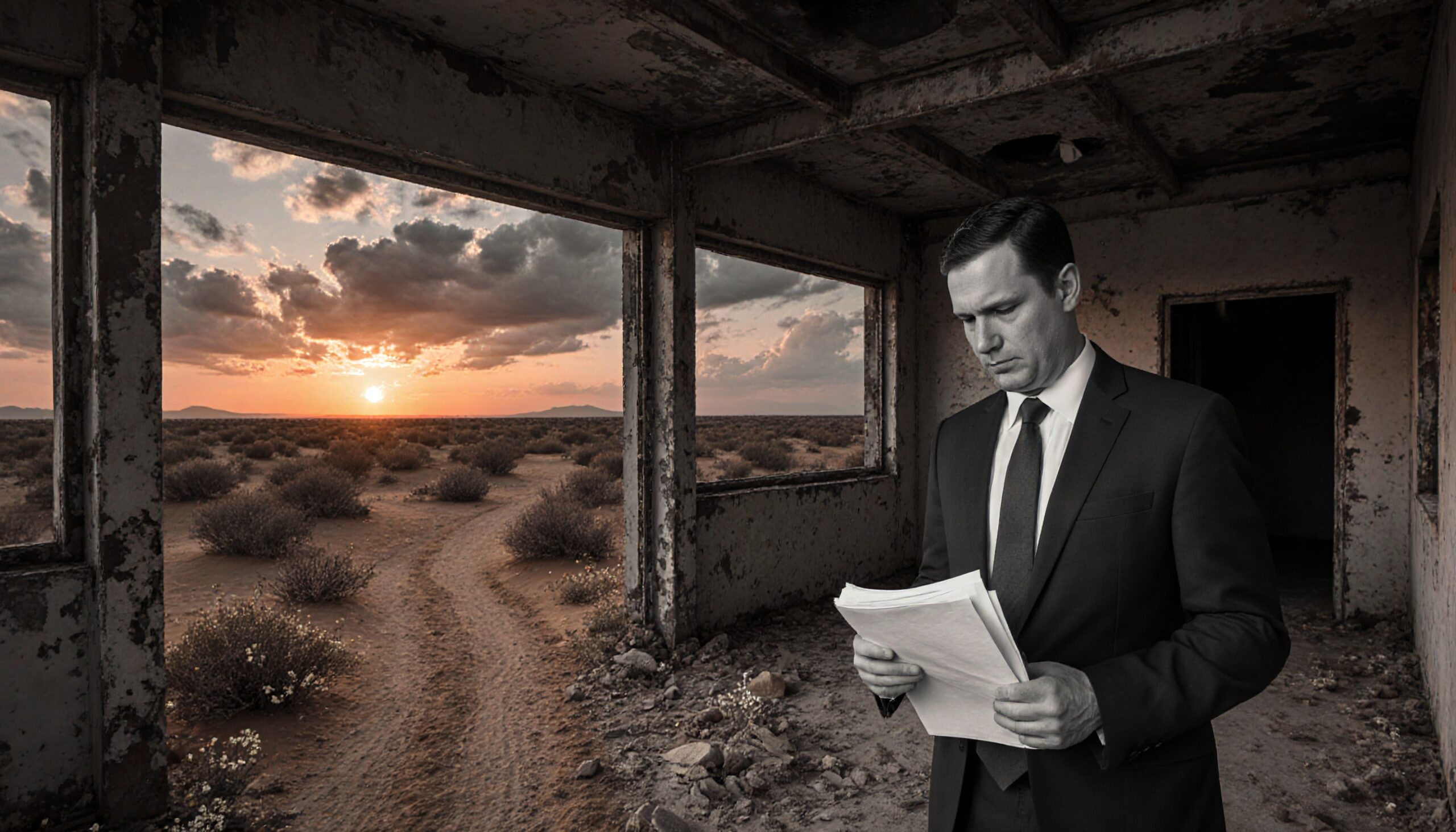 Man Reflecting in Abandoned Building