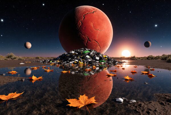 Surreal landscape with red planet, e-waste, and floating autumn leaves.