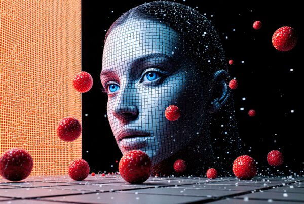 A digital face in a futuristic abstract setting with floating red spheres.