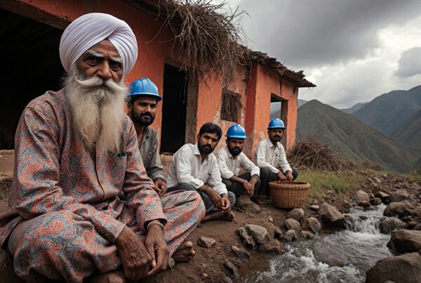Elderly man with turban, workers in blue helmets, rural setting, and mountains.
