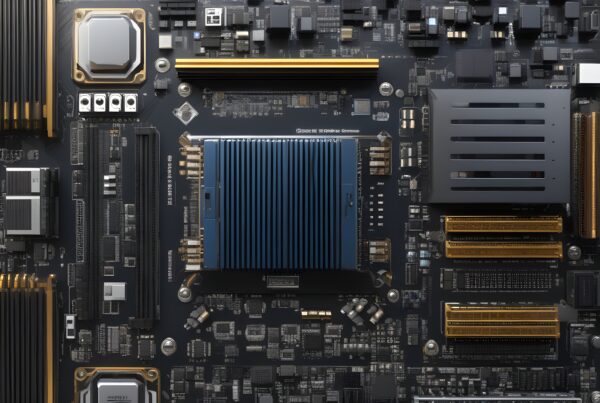 Close-up of a detailed computer motherboard with a prominent blue heat sink and gold slots, showcasing modern technology and engineering.