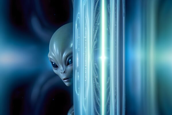 A curious alien looks out from behind a glowing futuristic barrier, set in a dark and mysterious space environment.