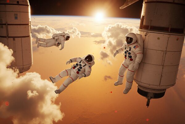 Three astronauts floating in space, performing a spacewalk against a sunset backdrop over Earth, highlighting exploration and teamwork in zero gravity.