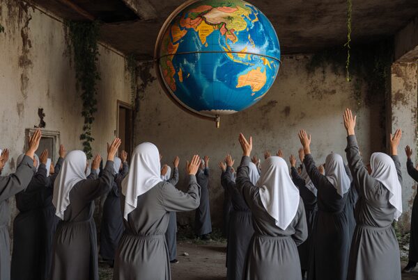 Women in robes raise hands towards suspended globe in aged room.