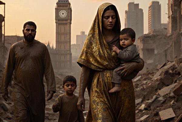 A family walks through a war-torn landscape with Big Ben in the background, symbolizing resilience amidst urban decay.