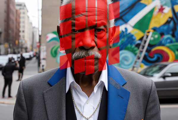 An elderly man in a suit with a red geometric pattern overlaid on his face stands before a colorful mural in a bustling urban setting.