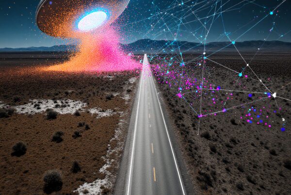 A futuristic UFO emits colorful particles over a desert road against a starry night sky.