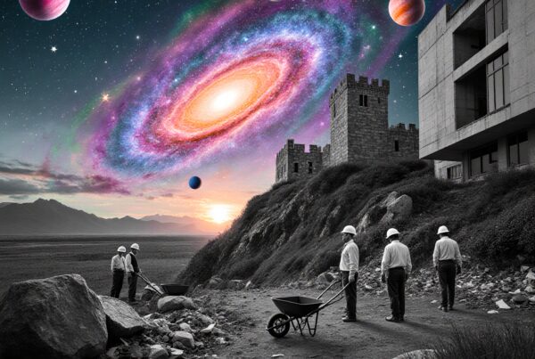 Surreal scene of workers beneath a vibrant, colorful galaxy with planets and contrasting black-and-white landscape.