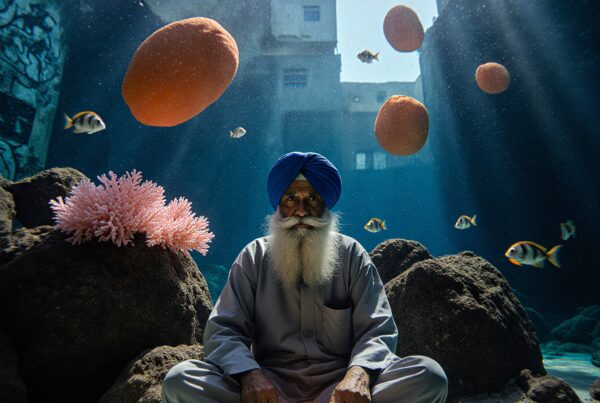 A man meditates underwater surrounded by fish and corals.