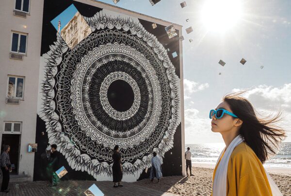 A person admires a large mandala mural on a seaside building, with mirrored cubes floating in sunlight.
