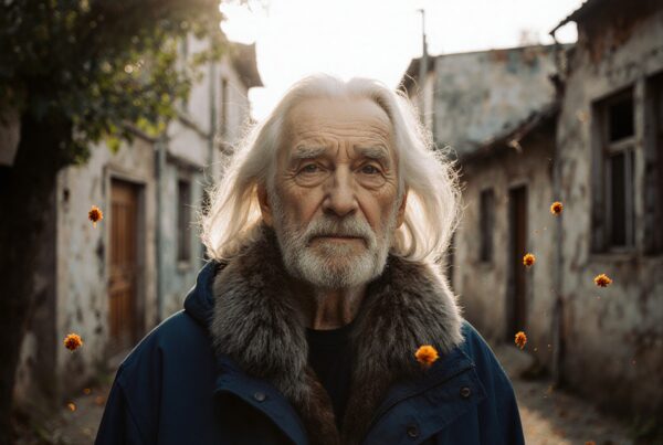 Portrait of an elderly man standing outside in a rustic street at sunset, wearing a coat with fur collar and surrounded by floating flowers or particles.