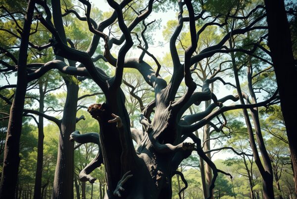 A magnificent ancient tree in a sunlit forest with twisting branches and rich greenery.