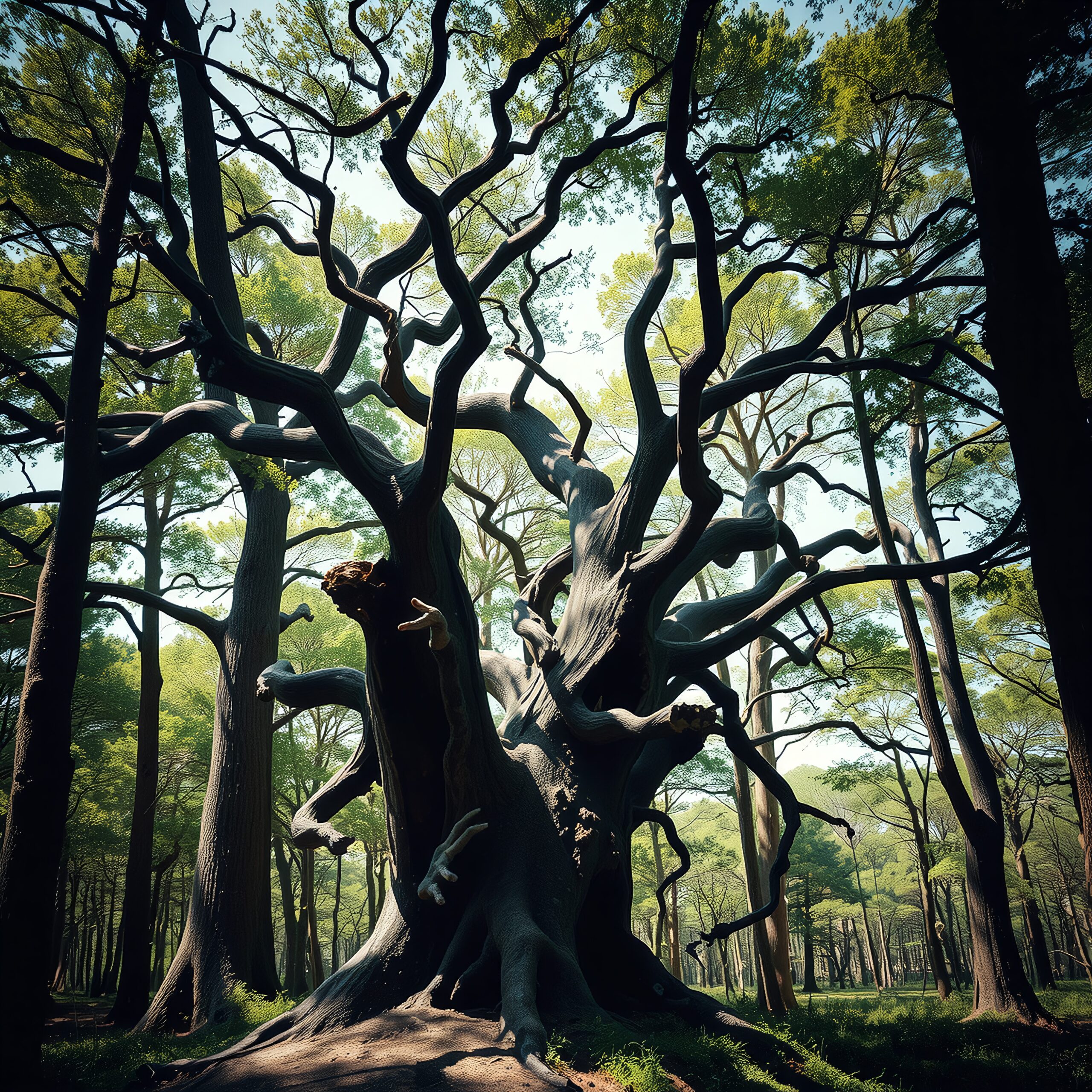 Ancient Tree in Sunlit Forest