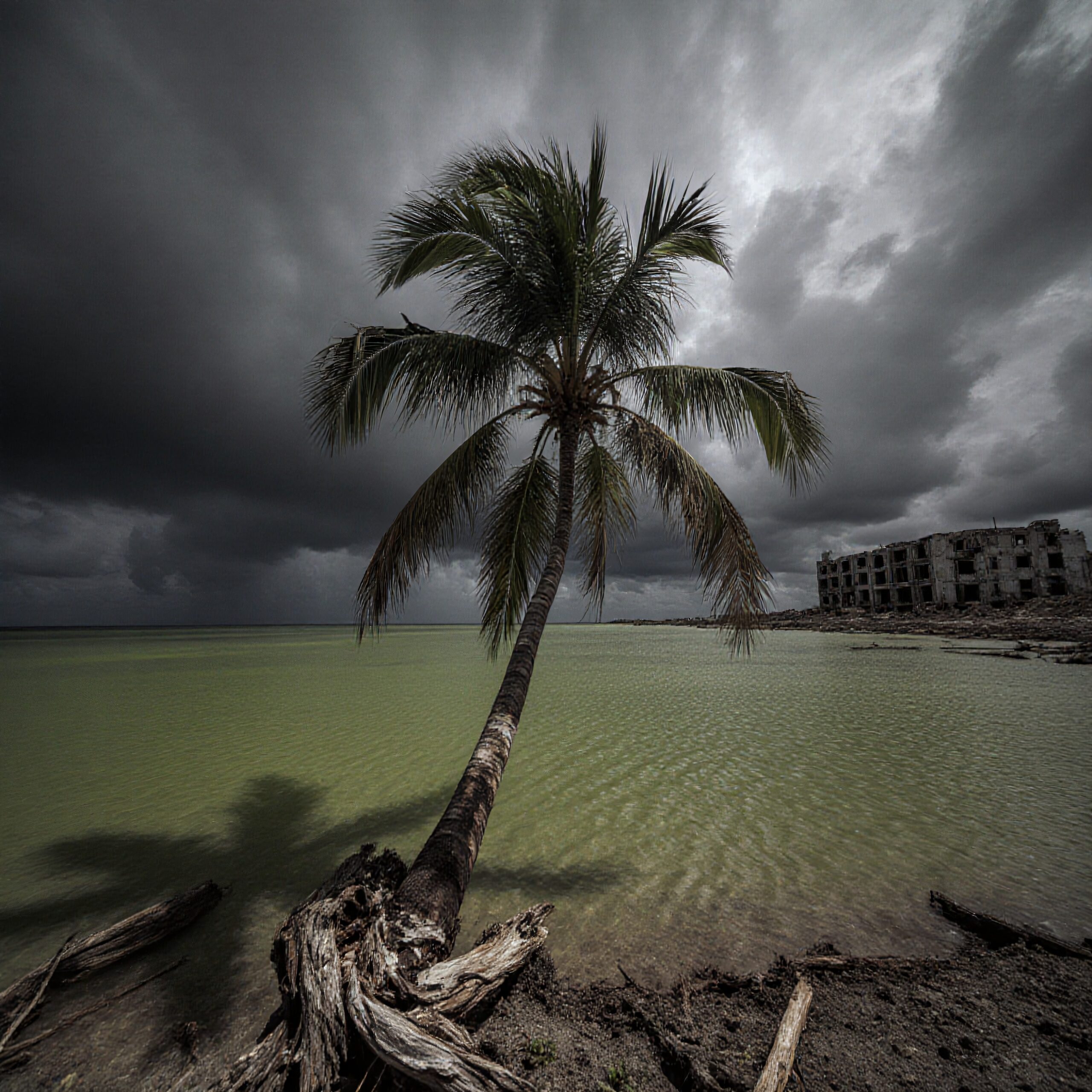 Stormy Beach with Abandoned Building